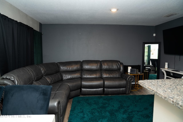 living room with a textured ceiling and dark wood-type flooring