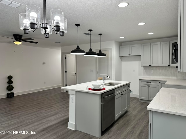 kitchen featuring pendant lighting, dark wood-type flooring, a center island with sink, appliances with stainless steel finishes, and ceiling fan