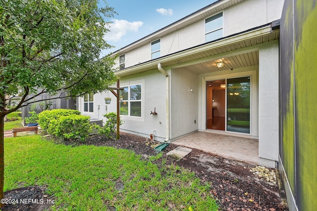 back of property with a patio and a lawn