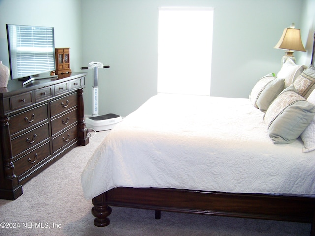 bedroom featuring light carpet