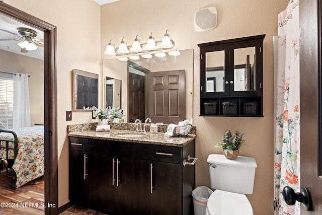 bathroom featuring hardwood / wood-style floors, vanity, ceiling fan, and toilet