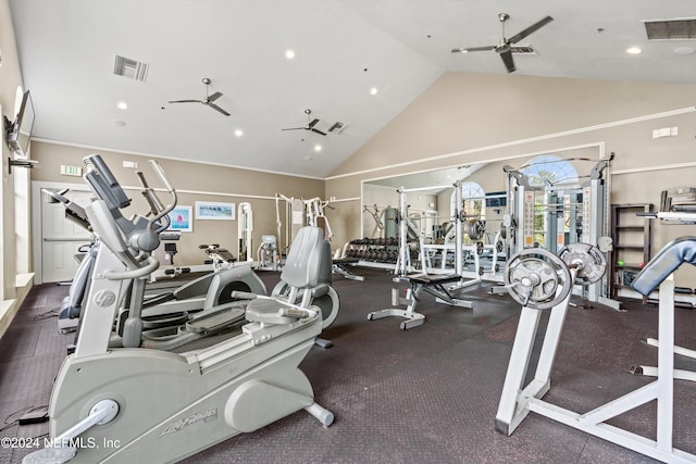 exercise room featuring ceiling fan and high vaulted ceiling