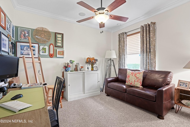 carpeted office space featuring ceiling fan and crown molding