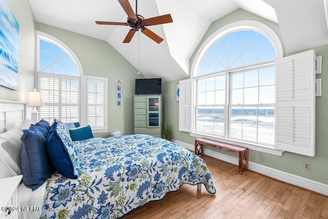 bedroom with multiple windows, lofted ceiling, and ceiling fan