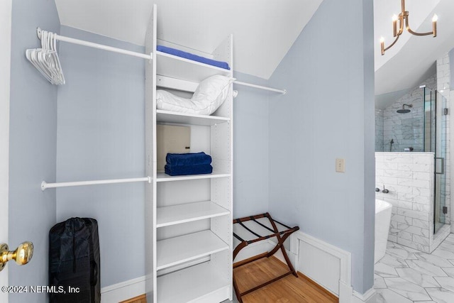 spacious closet featuring lofted ceiling and light hardwood / wood-style flooring