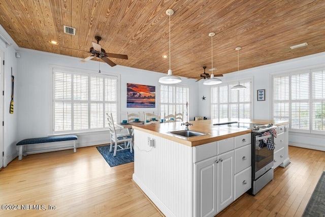 kitchen with white cabinetry, pendant lighting, a kitchen island with sink, stainless steel range with electric cooktop, and light wood-type flooring