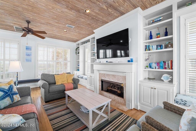 2807 S Ponte Vedra Blvd, Ponte Vedra Beach, FL 32082 - living room featuring a ceiling fan, wooden ceiling, a fireplace, wood finished floors, and built in features