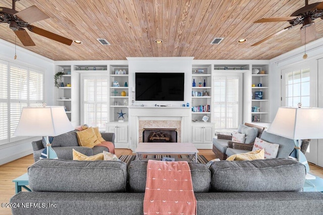 living room with a wealth of natural light, ceiling fan, light wood-type flooring, and wood ceiling