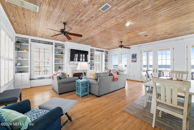 living room with wooden ceiling, french doors, light hardwood / wood-style flooring, ceiling fan, and built in features