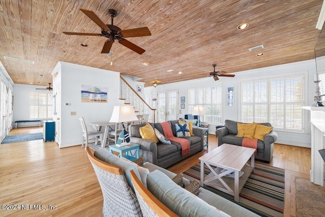 2807 S Ponte Vedra Blvd, Ponte Vedra Beach, FL 32082 - living area with wooden ceiling, a ceiling fan, stairs, light wood-style flooring, and baseboards