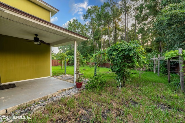 view of yard featuring a patio and ceiling fan