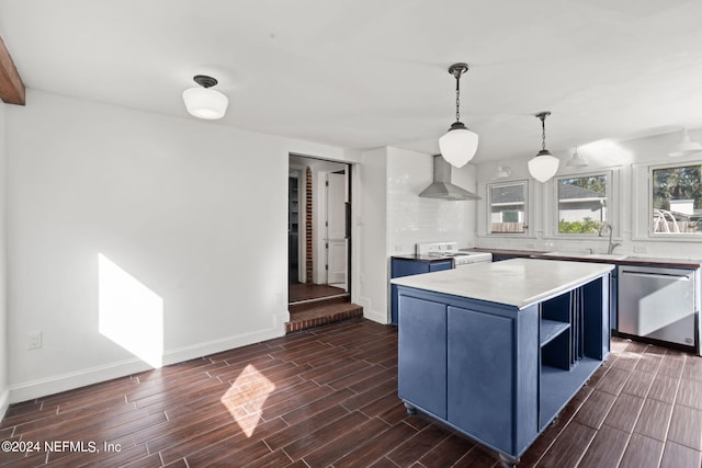 kitchen featuring blue cabinets, a sink, electric stove, dishwasher, and wall chimney exhaust hood