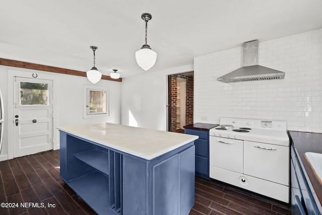 kitchen with blue cabinets, wall chimney range hood, wood tiled floor, and white electric range