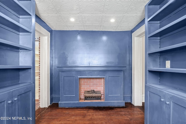 details featuring an ornate ceiling, built in features, a fireplace with raised hearth, and wood finished floors