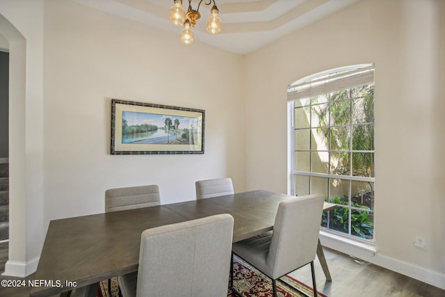 dining area featuring a notable chandelier, hardwood / wood-style flooring, and a raised ceiling