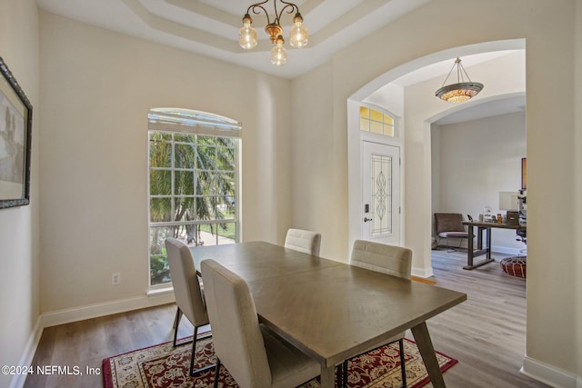 dining space with an inviting chandelier, light wood-type flooring, and a raised ceiling