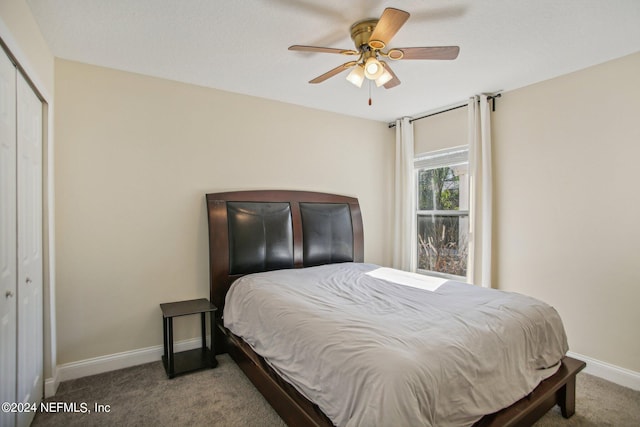 bedroom featuring carpet, a closet, and ceiling fan