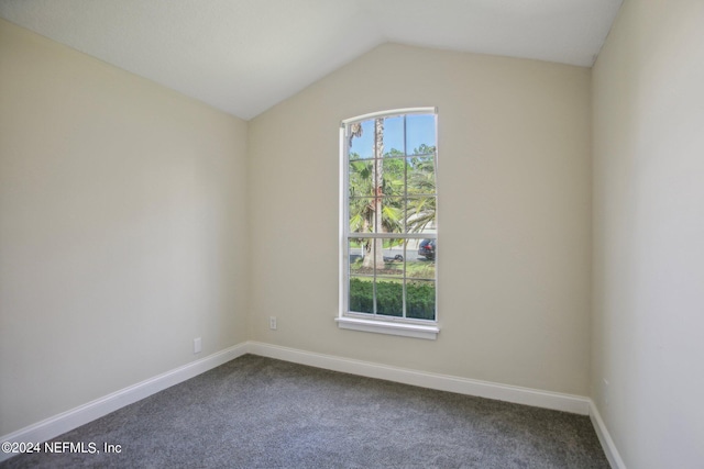 carpeted spare room featuring vaulted ceiling