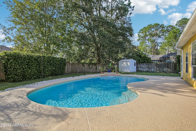 view of pool featuring a shed and a patio area