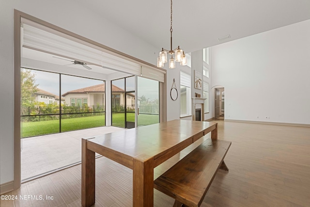 dining room with wood-type flooring and ceiling fan with notable chandelier