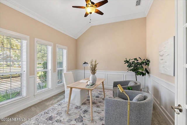 home office with lofted ceiling, ornamental molding, carpet, and ceiling fan