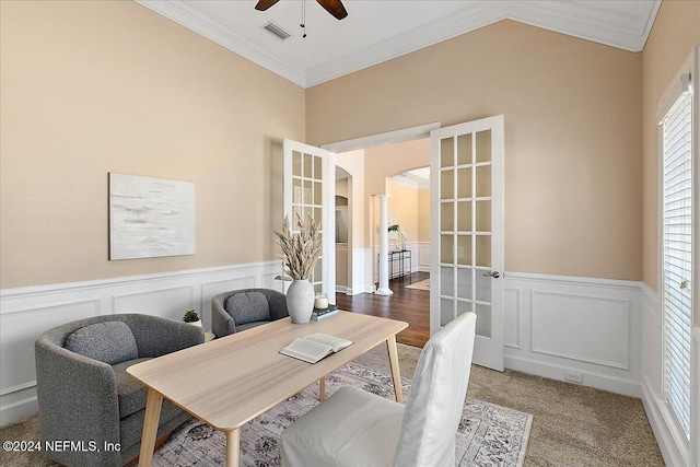 carpeted office with ornamental molding, french doors, lofted ceiling, and ceiling fan