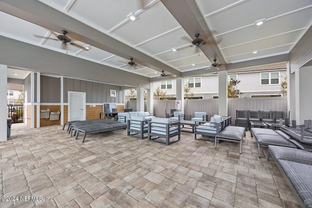 view of patio / terrace featuring ceiling fan and outdoor lounge area