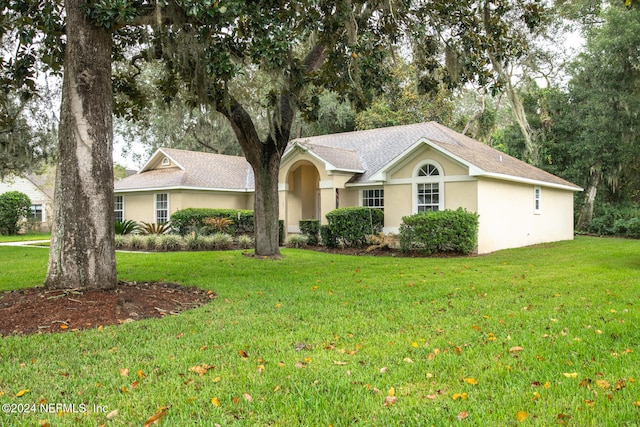 single story home featuring a front lawn