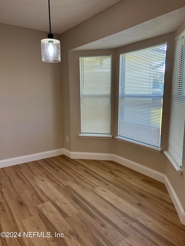 unfurnished dining area featuring a textured ceiling, light hardwood / wood-style flooring, and plenty of natural light