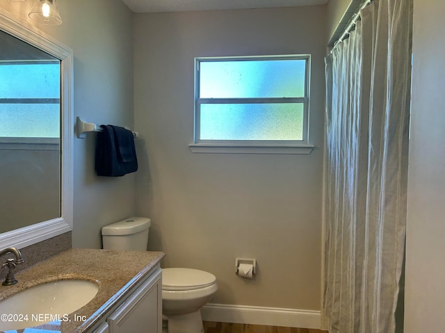 bathroom featuring vanity, toilet, walk in shower, and wood-type flooring