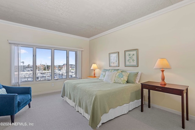 bedroom with crown molding, light carpet, and a textured ceiling