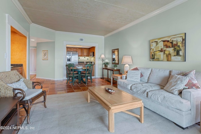 tiled living room with crown molding