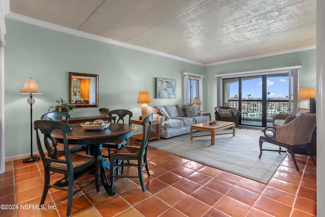 tiled dining space with ornamental molding