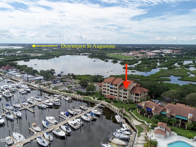 bird's eye view with a water view