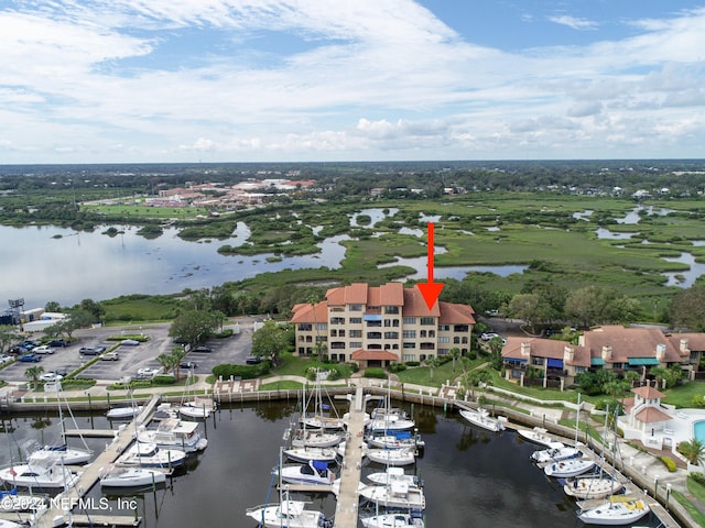 aerial view featuring a water view