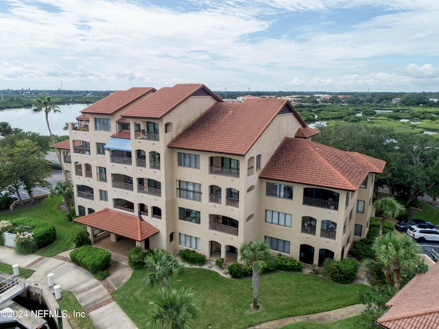 aerial view featuring a water view