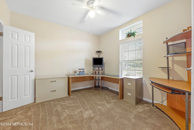 home office with ceiling fan and light colored carpet