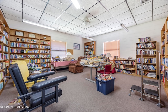 interior space featuring a drop ceiling and carpet