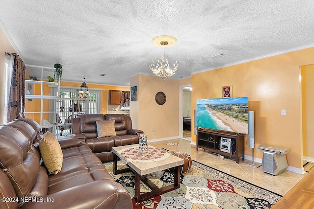 tiled living room with a notable chandelier, crown molding, and a textured ceiling