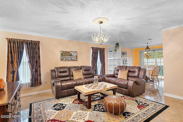 tiled living room featuring crown molding, a chandelier, and a textured ceiling