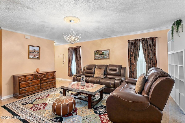 living room featuring a textured ceiling, crown molding, and plenty of natural light