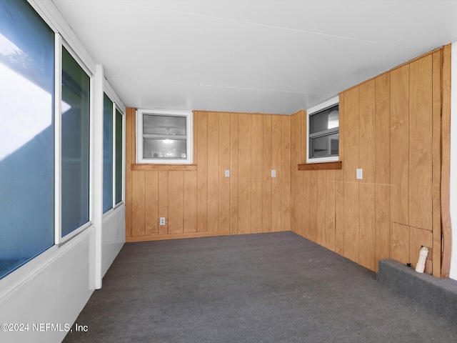 carpeted spare room with wooden walls