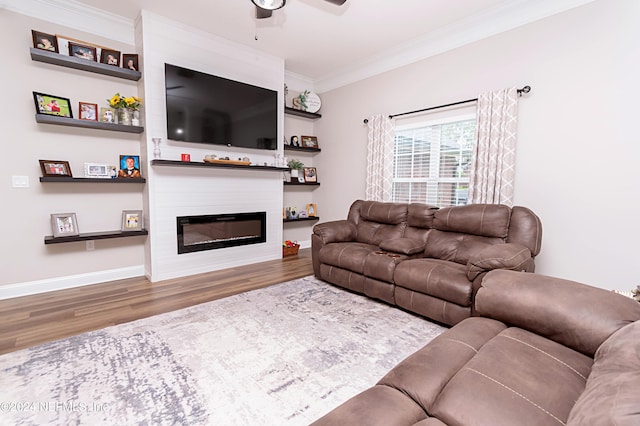 living room featuring hardwood / wood-style floors, crown molding, a fireplace, and ceiling fan