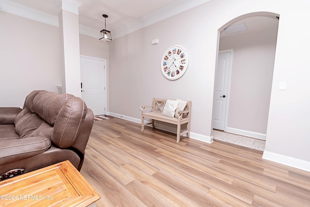 living room featuring light hardwood / wood-style floors and ornamental molding