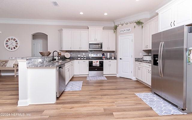 kitchen with sink, white cabinetry, kitchen peninsula, and stainless steel appliances