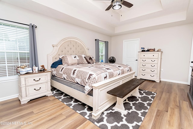 bedroom featuring light hardwood / wood-style floors, a tray ceiling, and ceiling fan