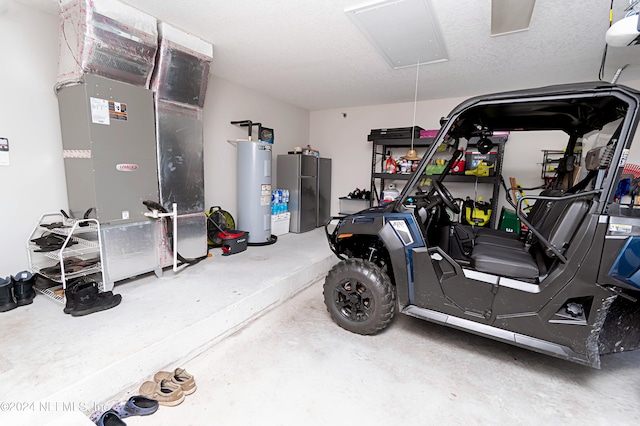 garage featuring water heater, heating unit, and a garage door opener