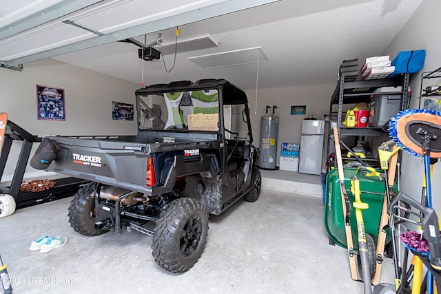 garage with a garage door opener, electric water heater, and white refrigerator