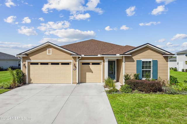 single story home with a garage and a front lawn