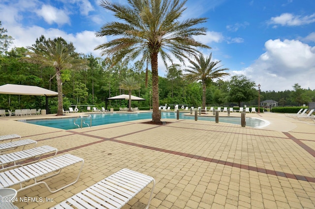 view of swimming pool featuring a patio area